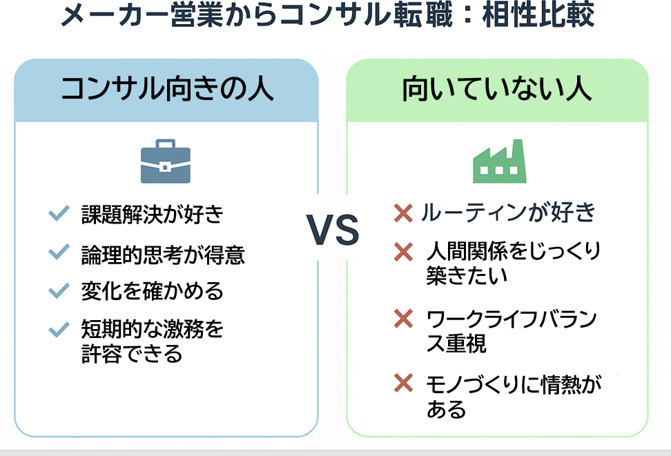 メーカー営業からコンサル転職に向いている人と向いていない人の特徴を比較した図解